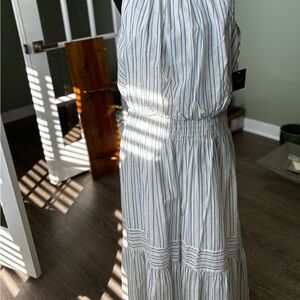 Just Taylor Striped Mock Neck Sleeveless Midi A-Line Dress Ruffle Zip White Blue